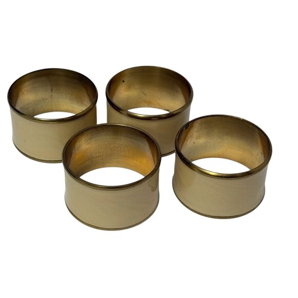 Set of 4 Napkin Rings Vintage Beige Enamel Brass Gold Tone Metal - Picture 4 of 7